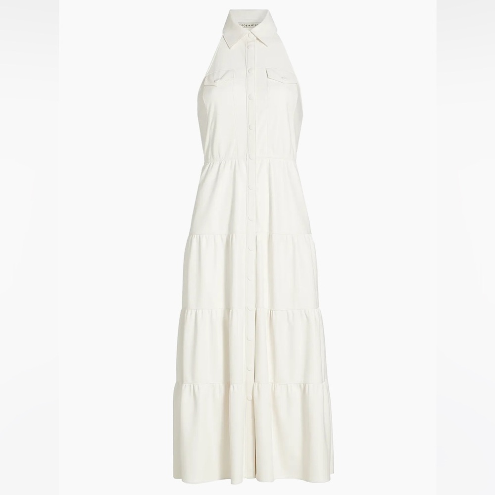 NWT! ALICE + OLIVIA Miranda tiered ivory faux leather halterneck midi dress Sz12